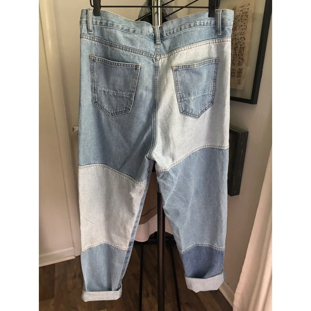 Cowboy Star Womens Patchwork Denim Jeans Light Wash Relaxed Straight Leg L